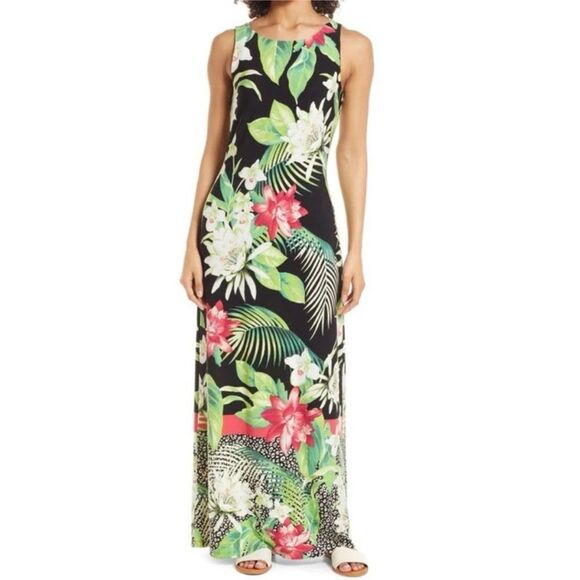 Tommy Bahama Maxi Dress Womens Small Black Tropical Sleeveless Grande Grove - Picture 1 of 7